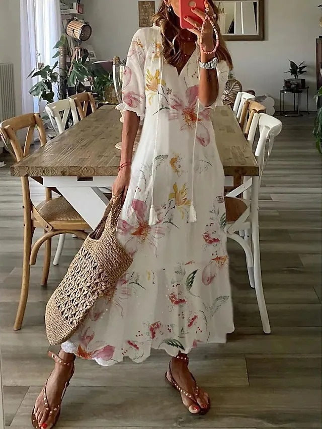 Casual Long V-Neck Printed Dress for a Comfortable and Elegant Style