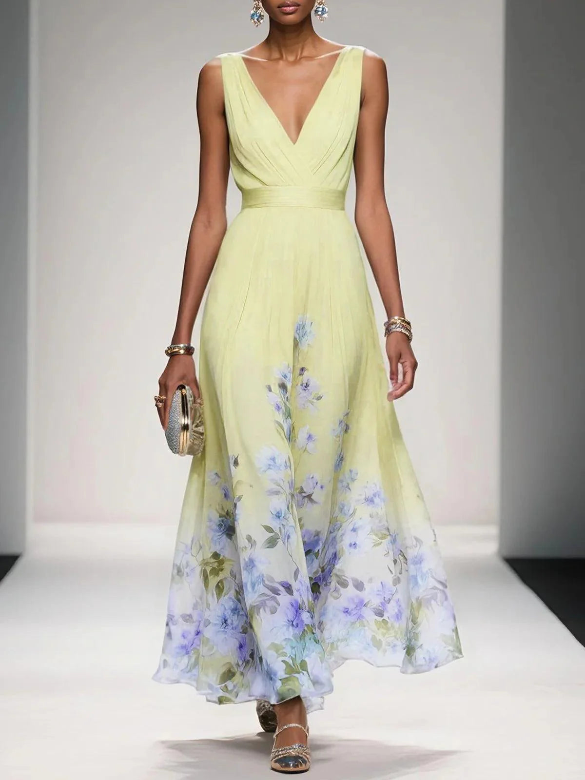 Elegant Light Blue Floral Chiffon V-Neck Sleeveless A-Line Maxi Dress