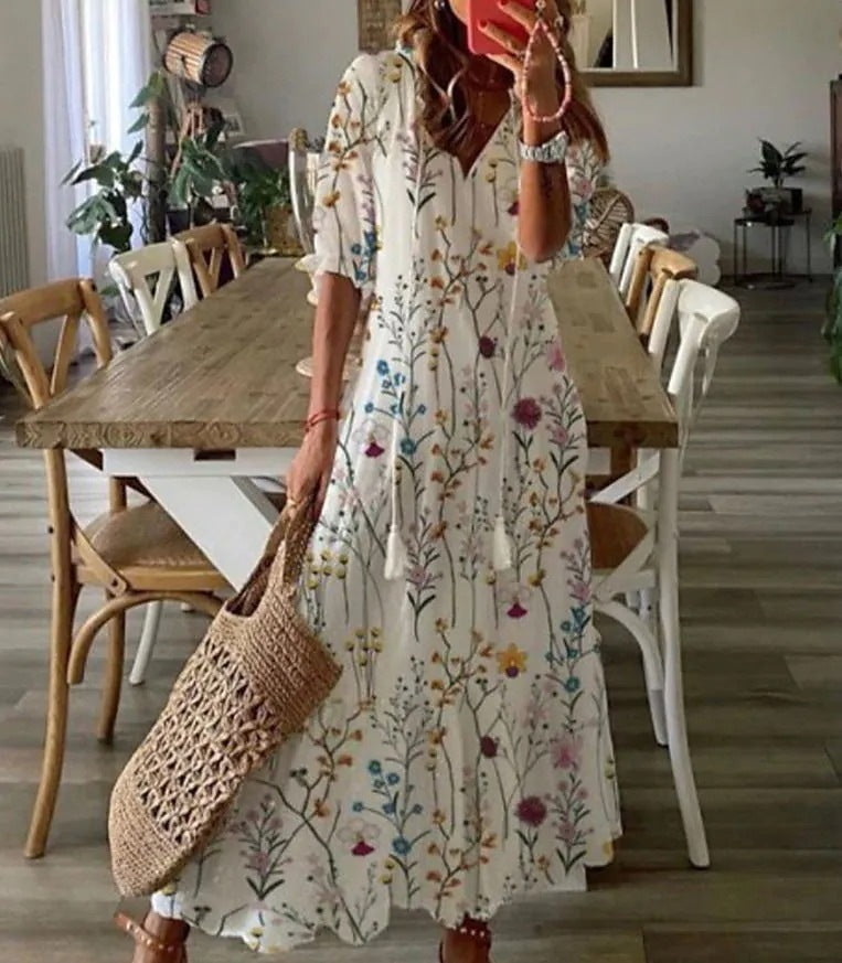 Casual Long V-Neck Printed Dress for a Comfortable and Elegant Style