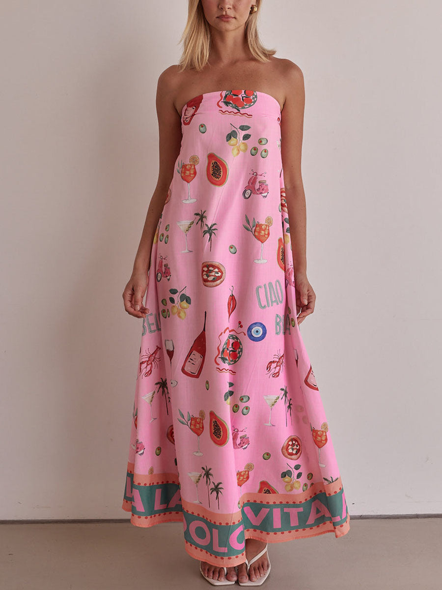 Pink Tube Summer Dress with Elegant Vacation Pattern