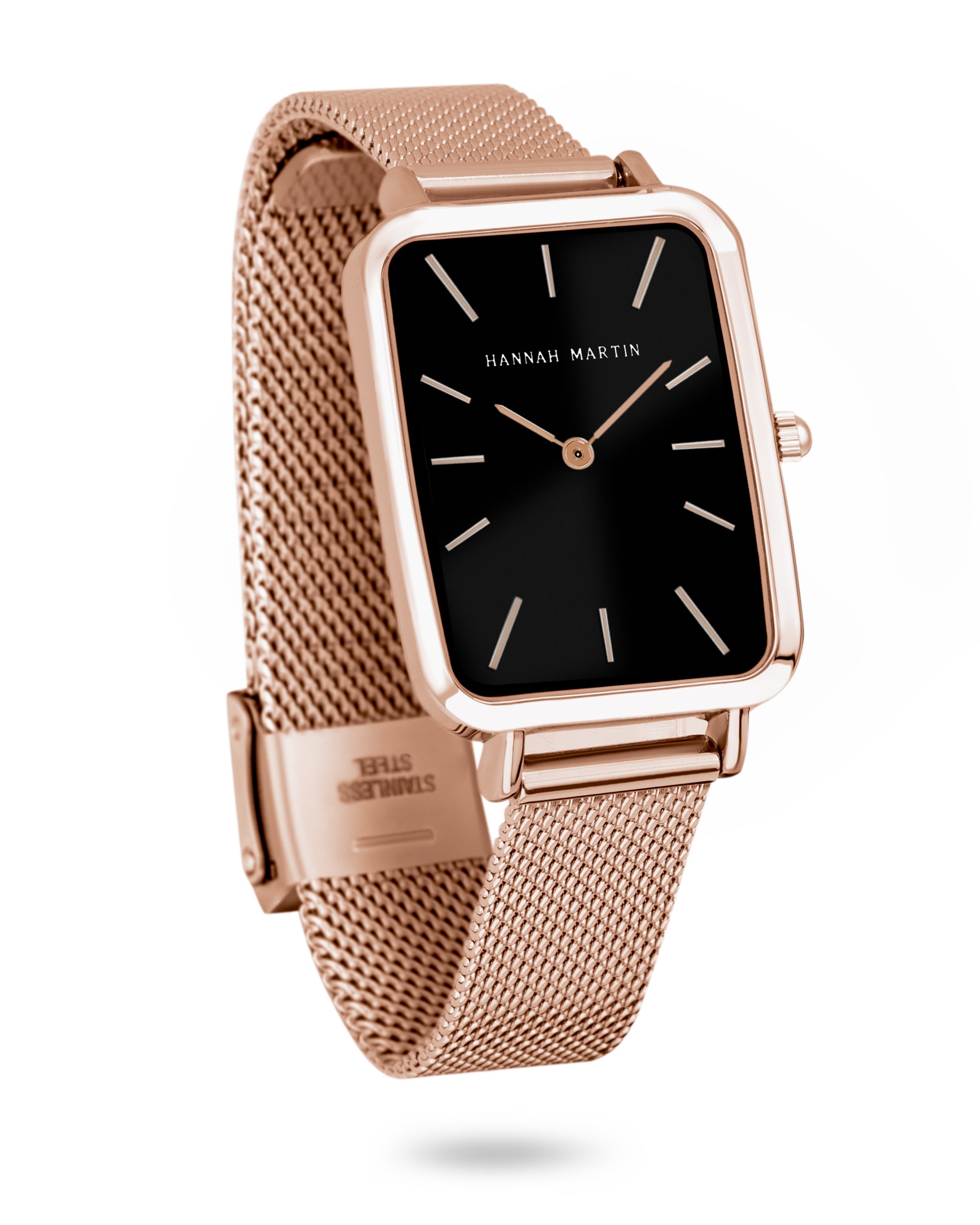 Midnight - Elegant Rectangular Watch with Rose Gold Finish, Stylish Black Dial and Mesh Band