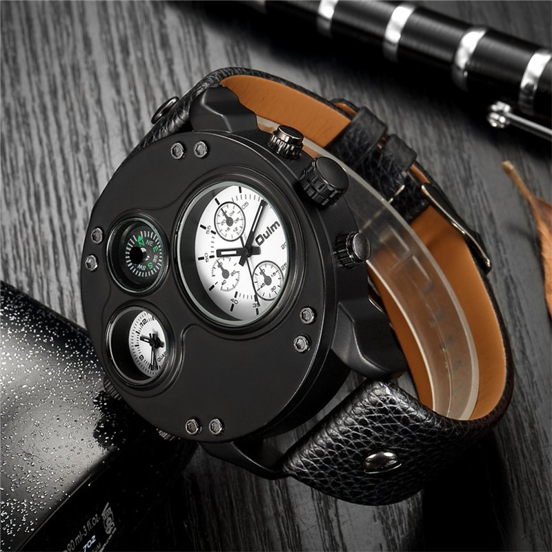 Black leather chronograph watch with dual time zones