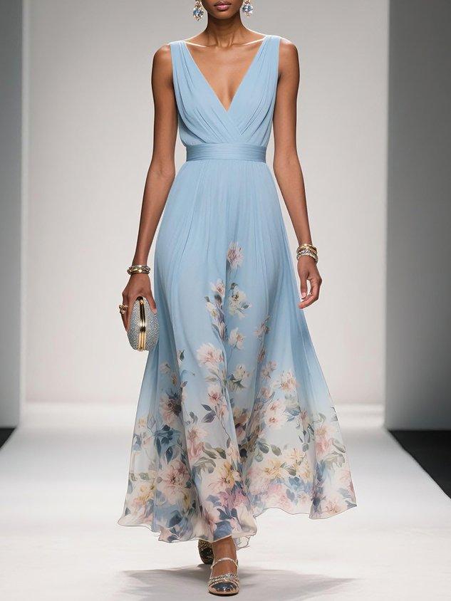 Elegant Light Blue Floral Chiffon V-Neck Sleeveless A-Line Maxi Dress