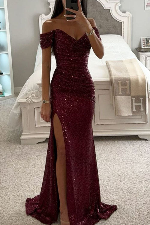 Elegant Sequin Evening Dress with Deep V neckline and Slit