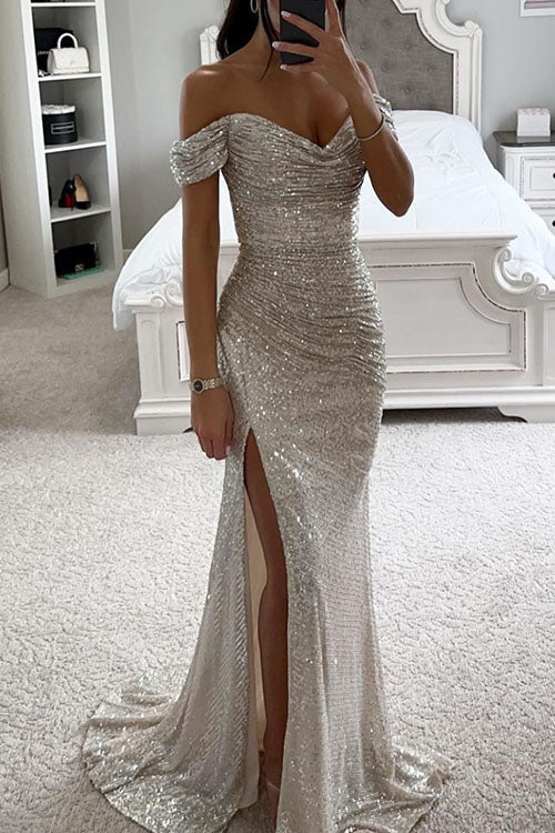 Elegant Sequin Evening Dress with Deep V neckline and Slit