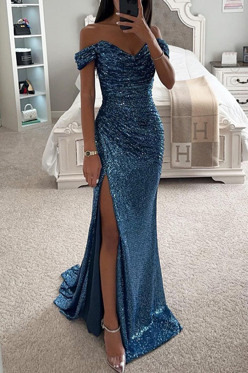 Elegant Sequin Evening Dress with Deep V neckline and Slit
