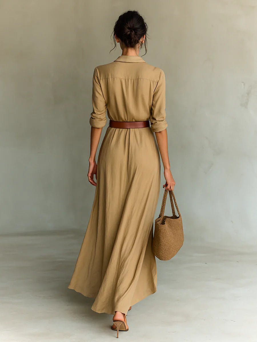 Elegant Women's Lapel Long Sleeve Belted Maxi Dress
