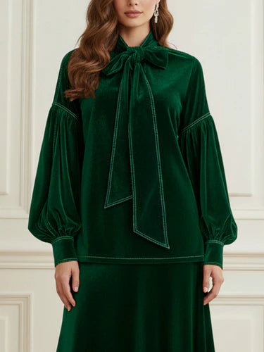 Emerald Green Velvet Puff-Sleeve Bow Top & Skirt Set