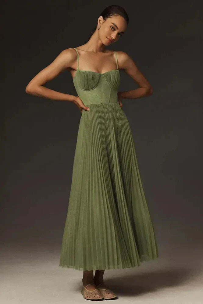 Pleated Tulle Midi Dress — Effortless Elegance in Flowing Layers