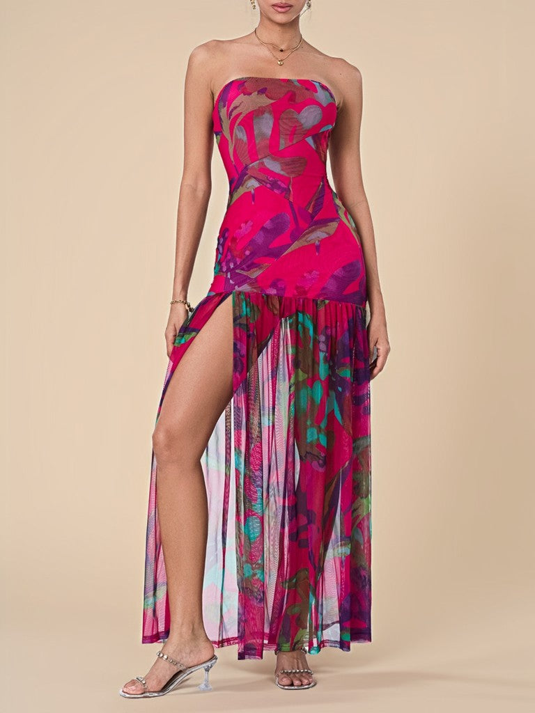 Elegant Printed Strapless Slit Maxi Dress for Special Occasions