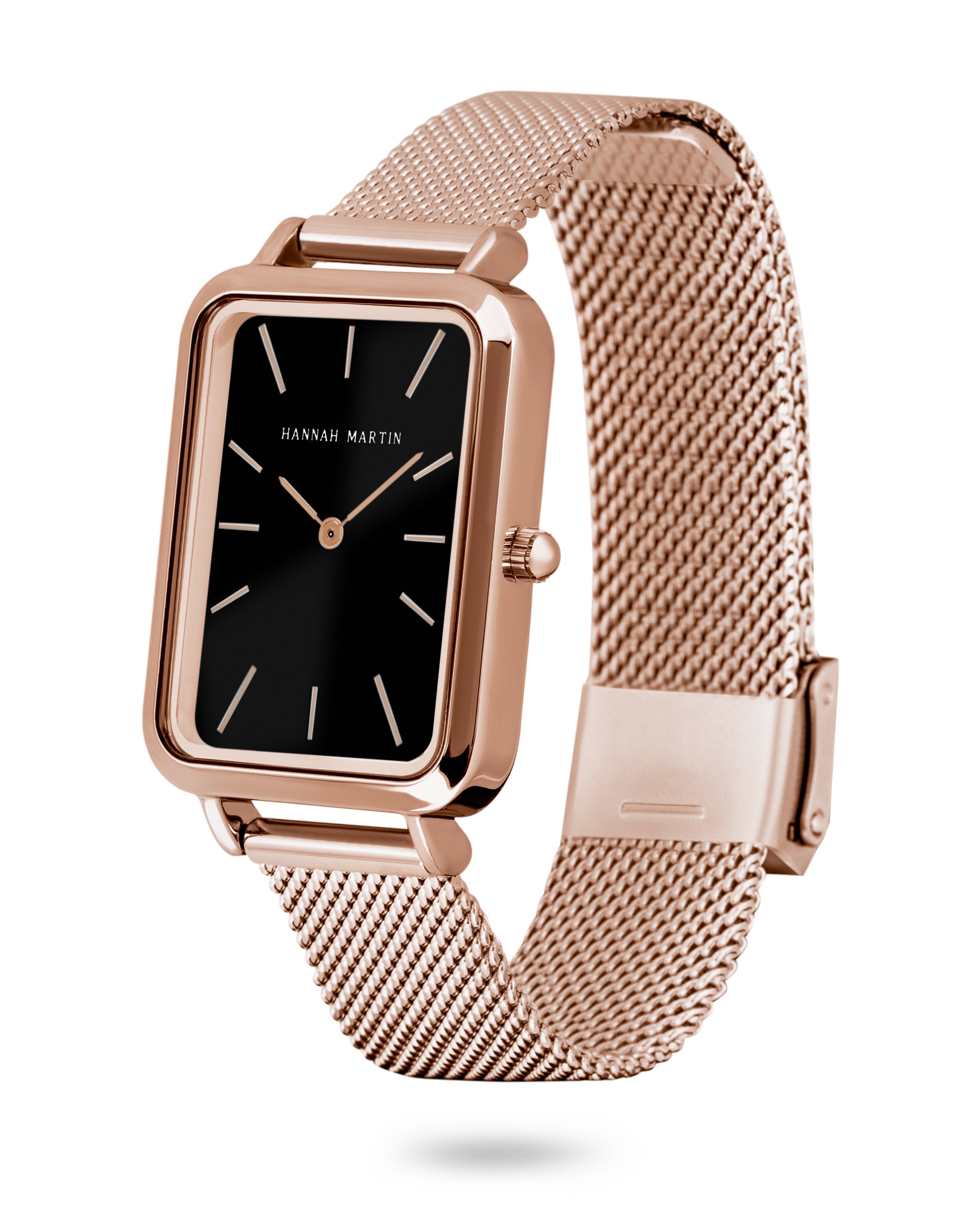 Midnight - Elegant Rectangular Watch with Rose Gold Finish, Stylish Black Dial and Mesh Band