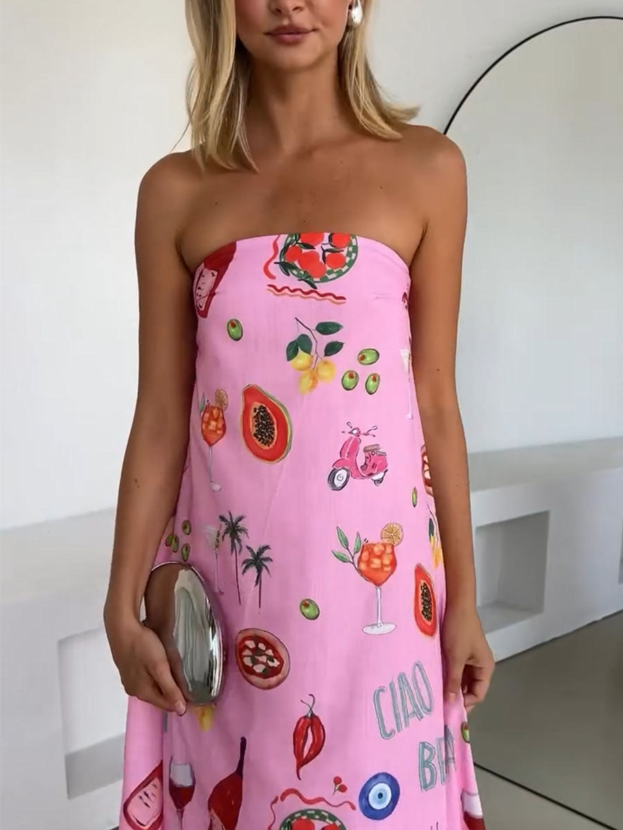 Pink Tube Summer Dress with Elegant Vacation Pattern