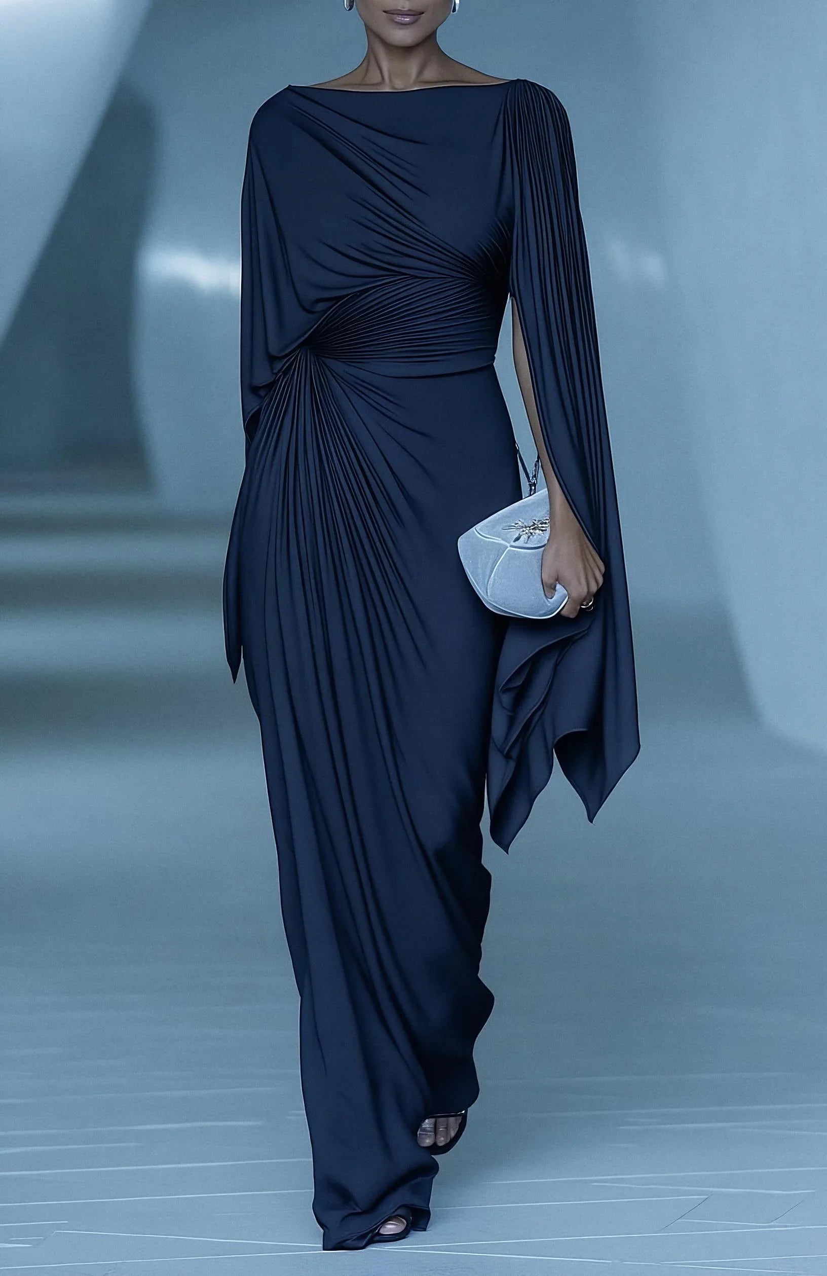 Slim-fit Long Dress with Irregular Pleats and Elegant Draping