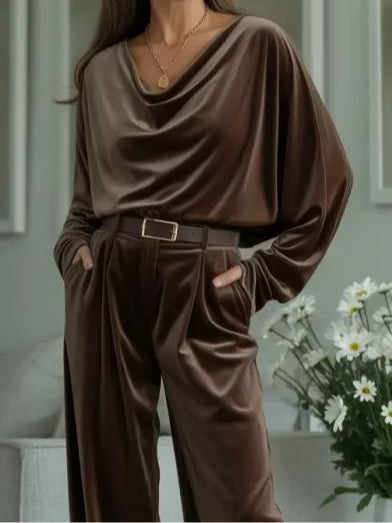 Luxurious Coffee Velvet Turtleneck Top and Trousers Set with Belt