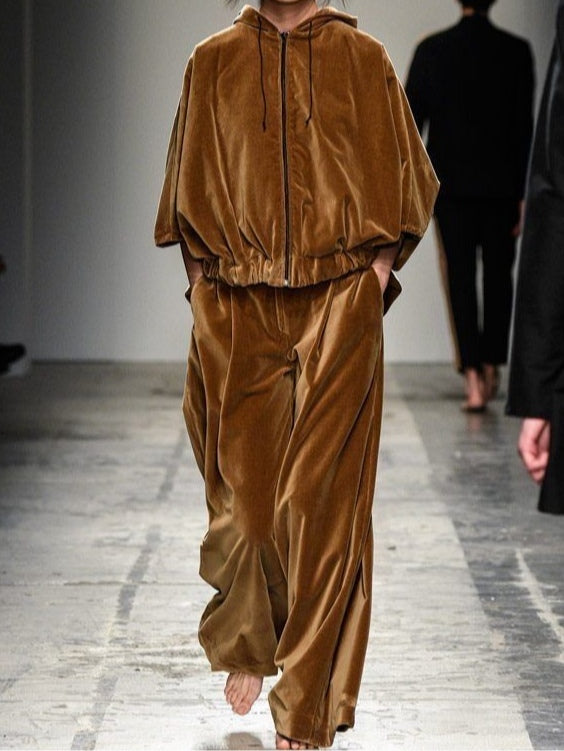 Plush Brown Velvet Zip-Up Hoodie and Trousers Set