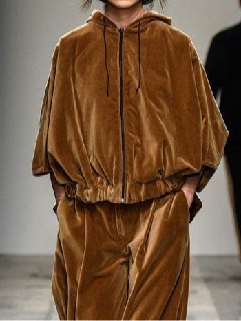 Plush Brown Velvet Zip-Up Hoodie and Trousers Set
