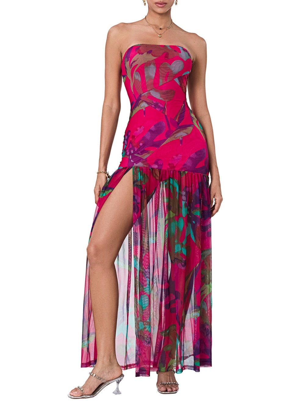 Elegant Printed Strapless Slit Maxi Dress for Special Occasions