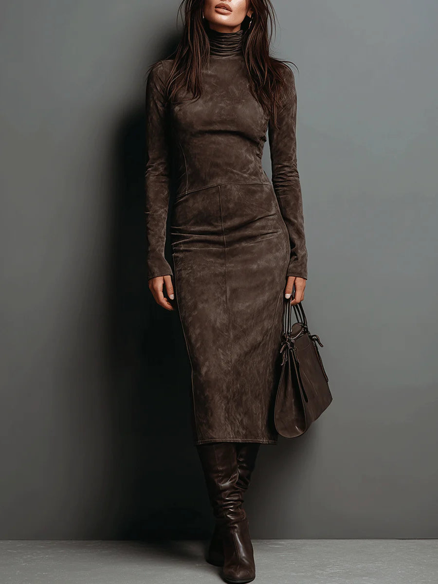 Elegant Midi Suede Dress with High Collar and Long Sleeves