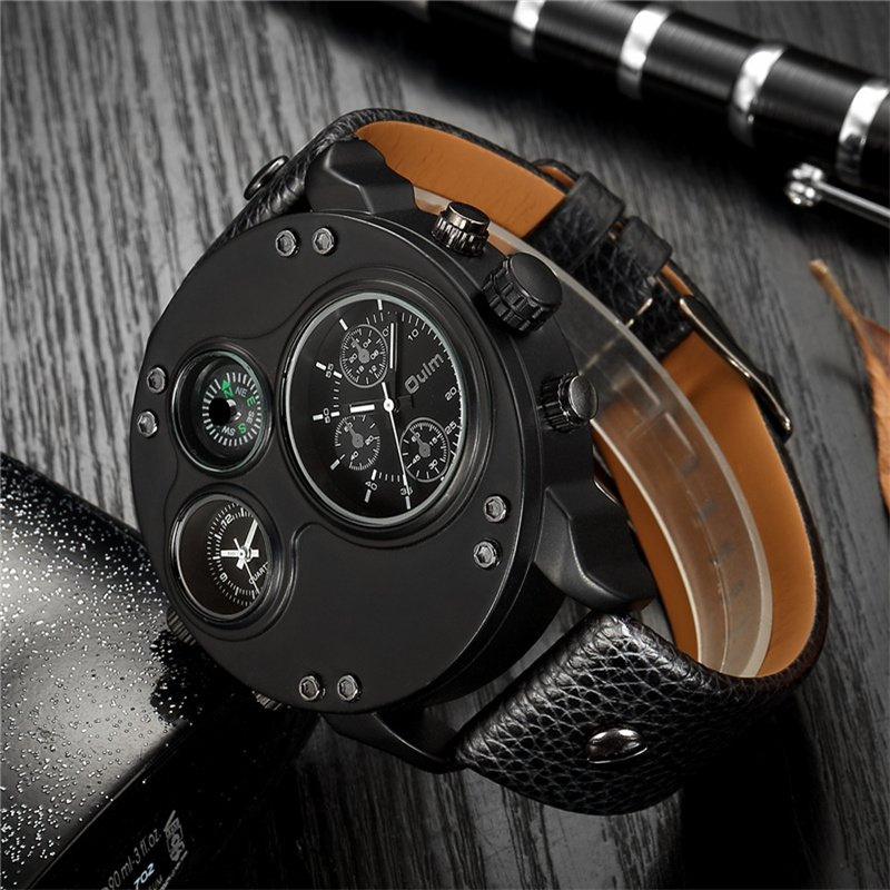 Black leather chronograph watch with dual time zones