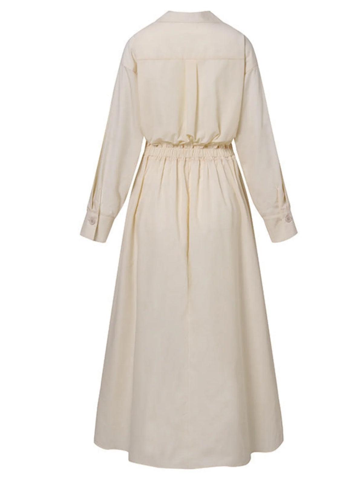 Elegant Solid Midi Dress with Notched Collar and Pockets Buttons