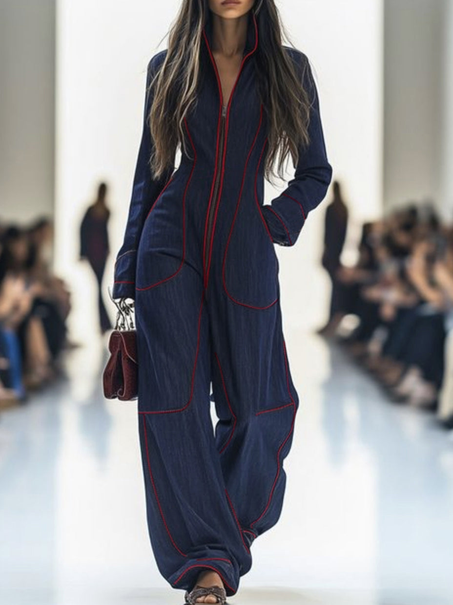 Structured Wide-Leg Jumpsuit with Stand Collar & Zip Detail