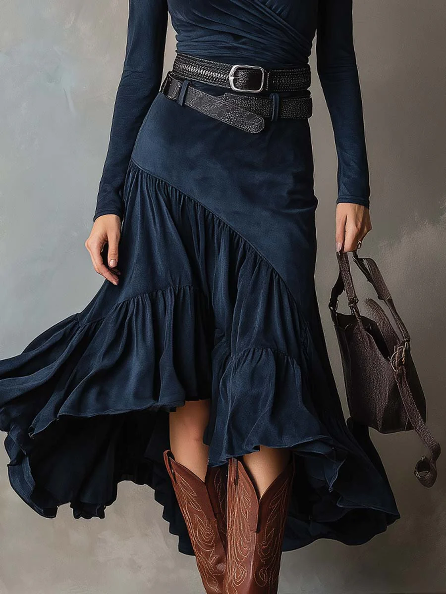 Navy Blue Asymmetric Maxi Dress in Faux Suede with Belt and V Neckline