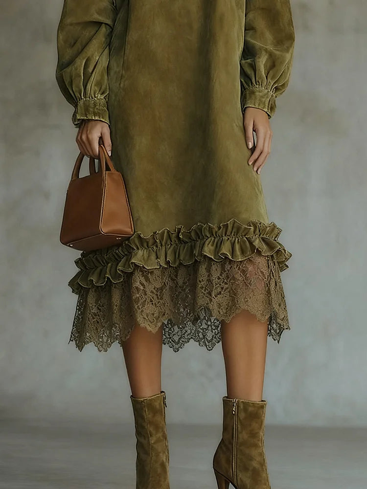 Olive Green Suede Midi Dress with Turtleneck and Elegant Lace Hem