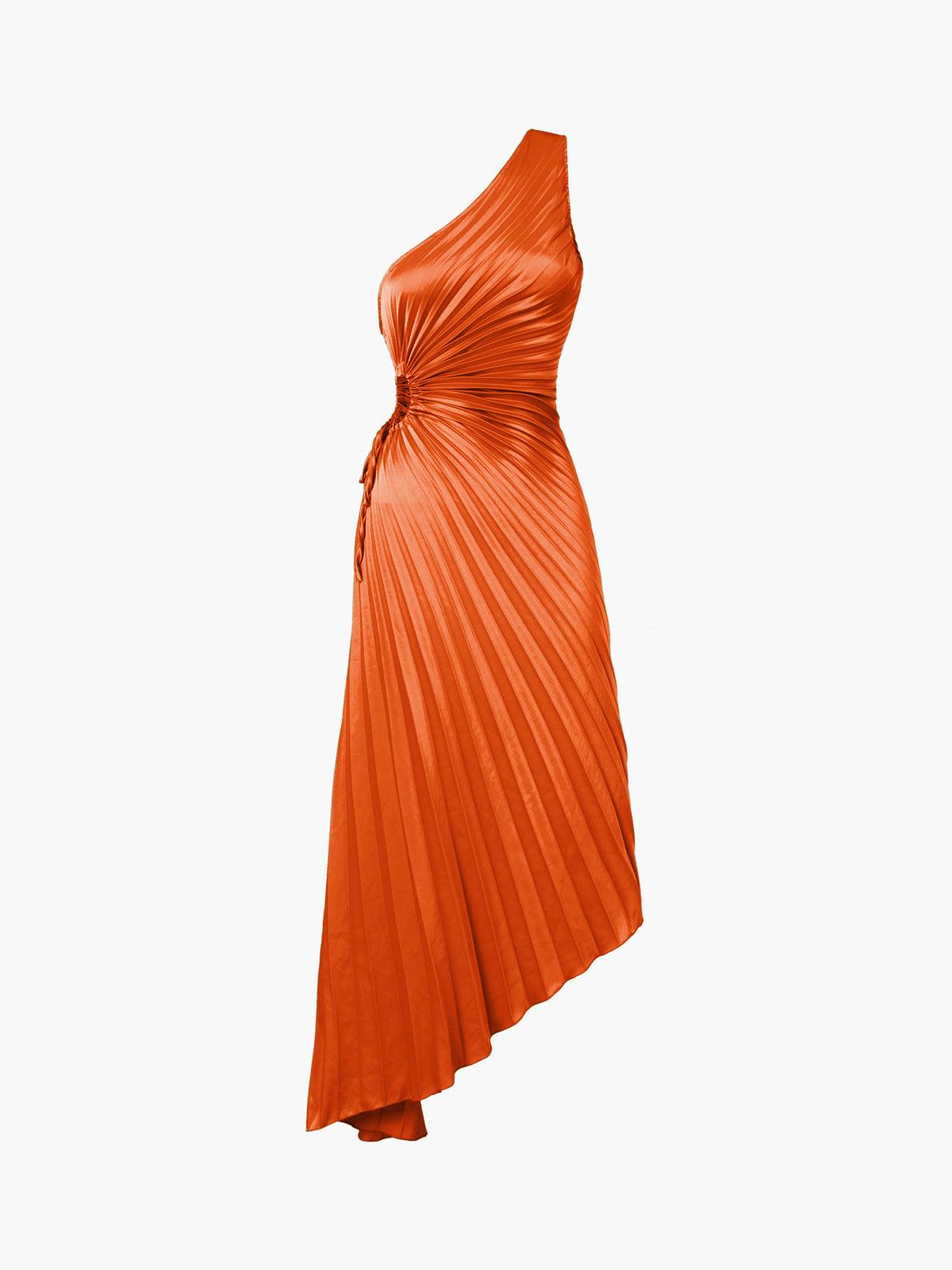 Elegant Bold Satin Pleated Dress with Stylish Cutouts