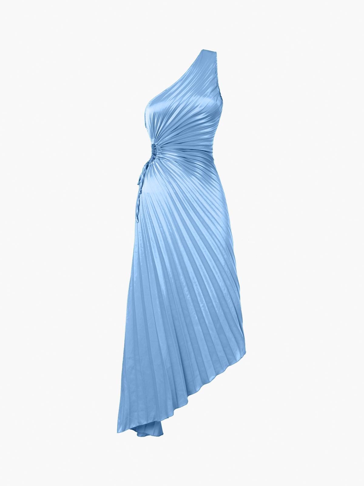 Elegant Bold Satin Pleated Dress with Stylish Cutouts