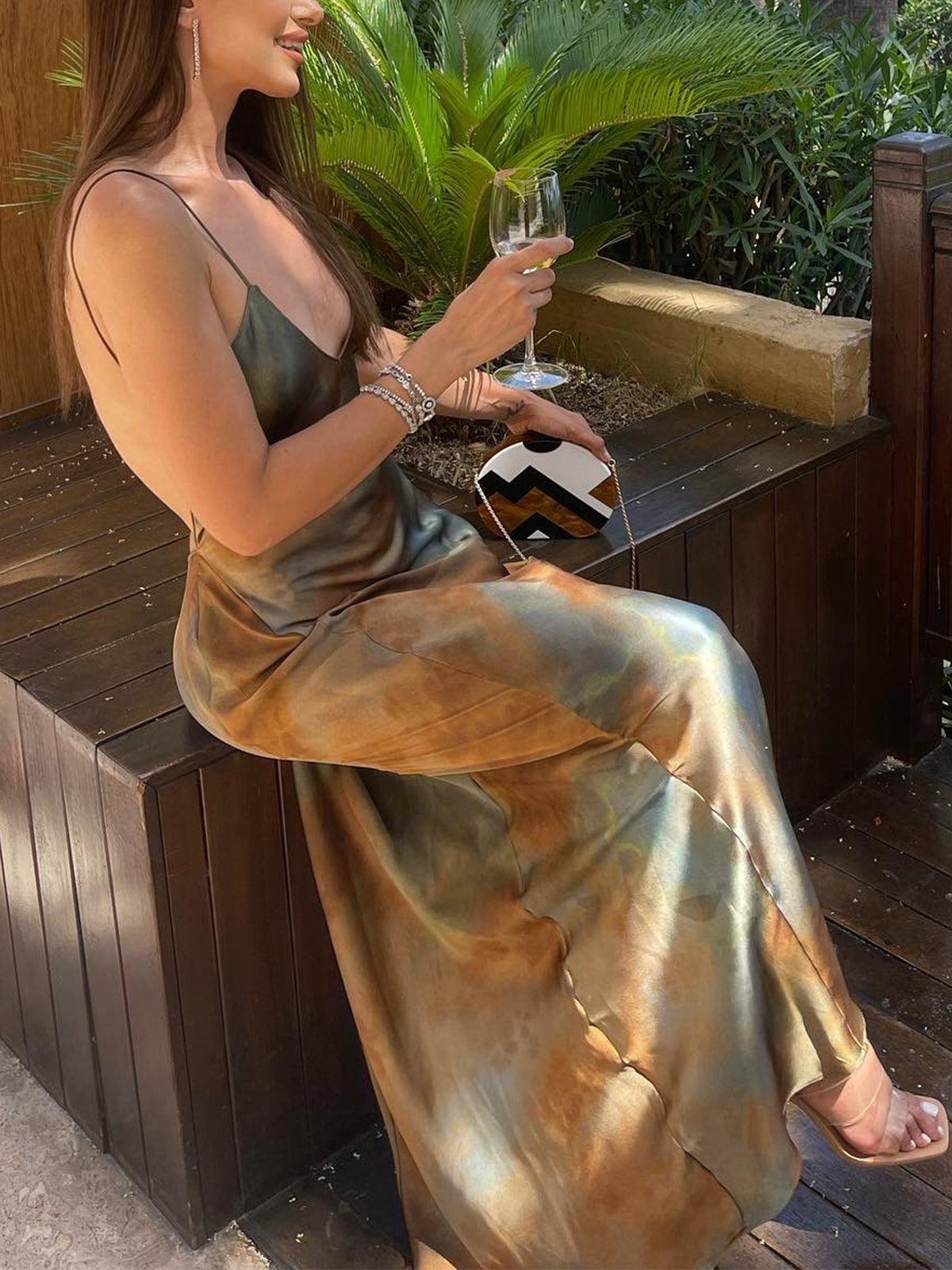 Long Satin Neptune Dress with Open Back for Sophisticated Elegance