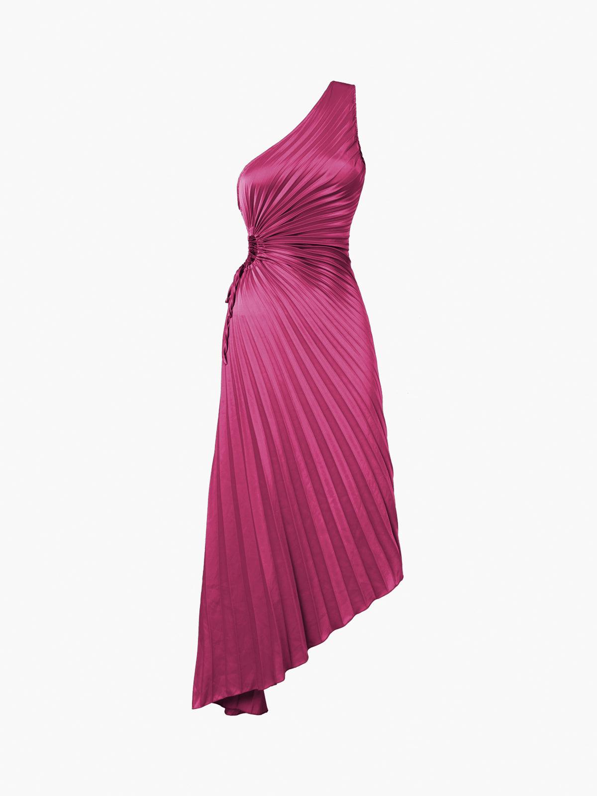 Elegant Bold Satin Pleated Dress with Stylish Cutouts