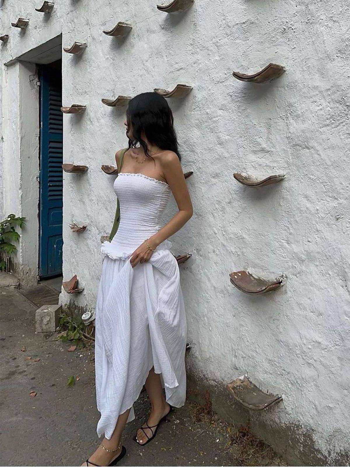 Elegant Cotton Blend with Gathering, Long Tube Dress