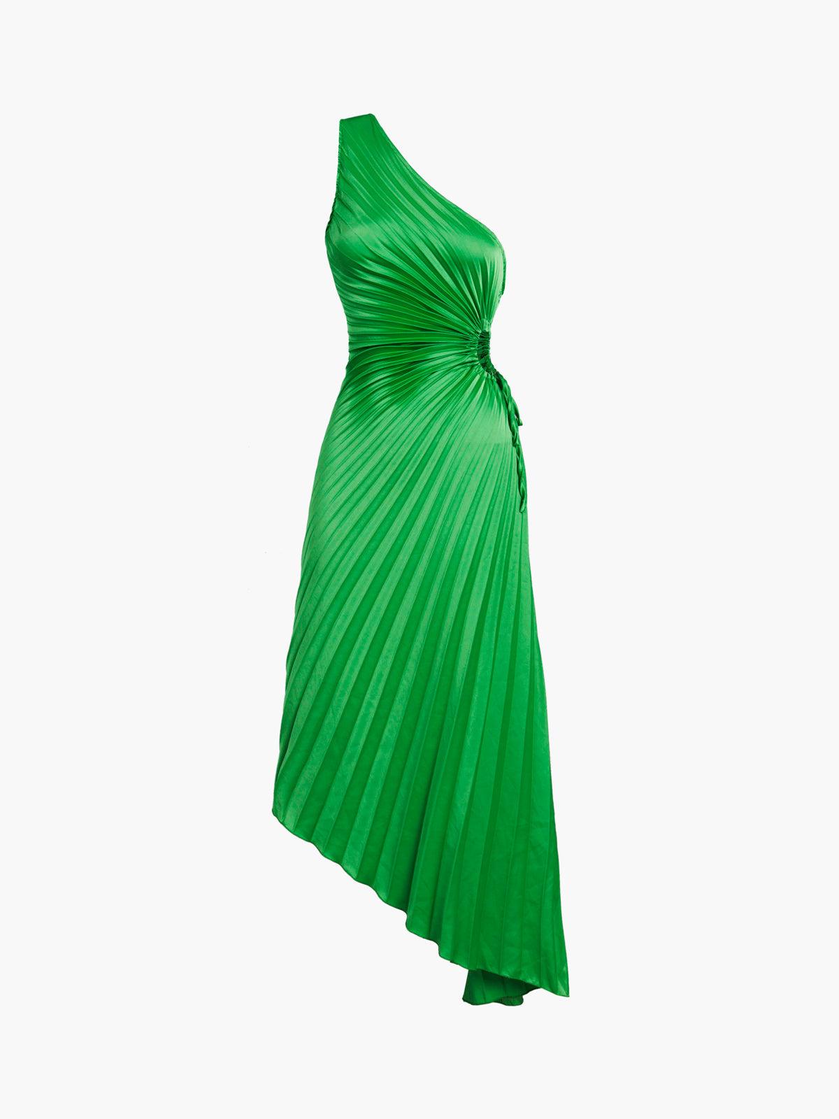 Elegant Bold Satin Pleated Dress with Stylish Cutouts