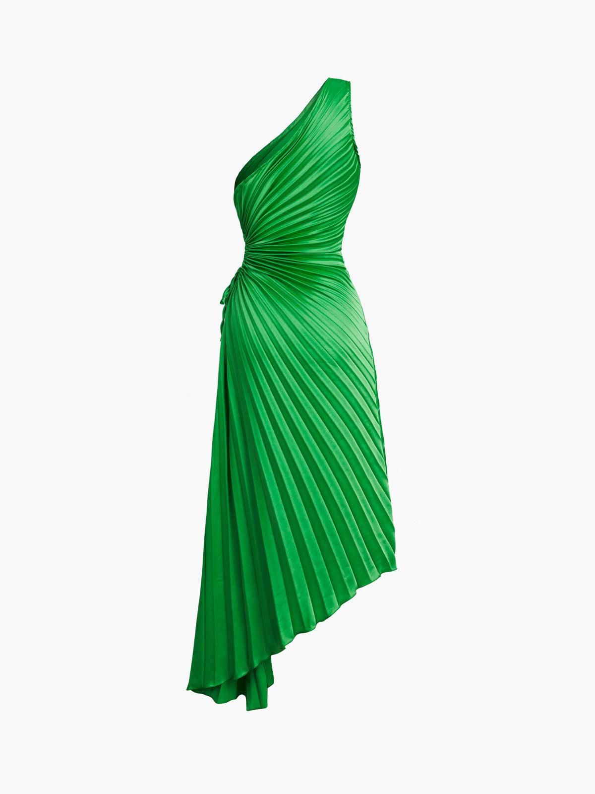 Elegant Bold Satin Pleated Dress with Stylish Cutouts