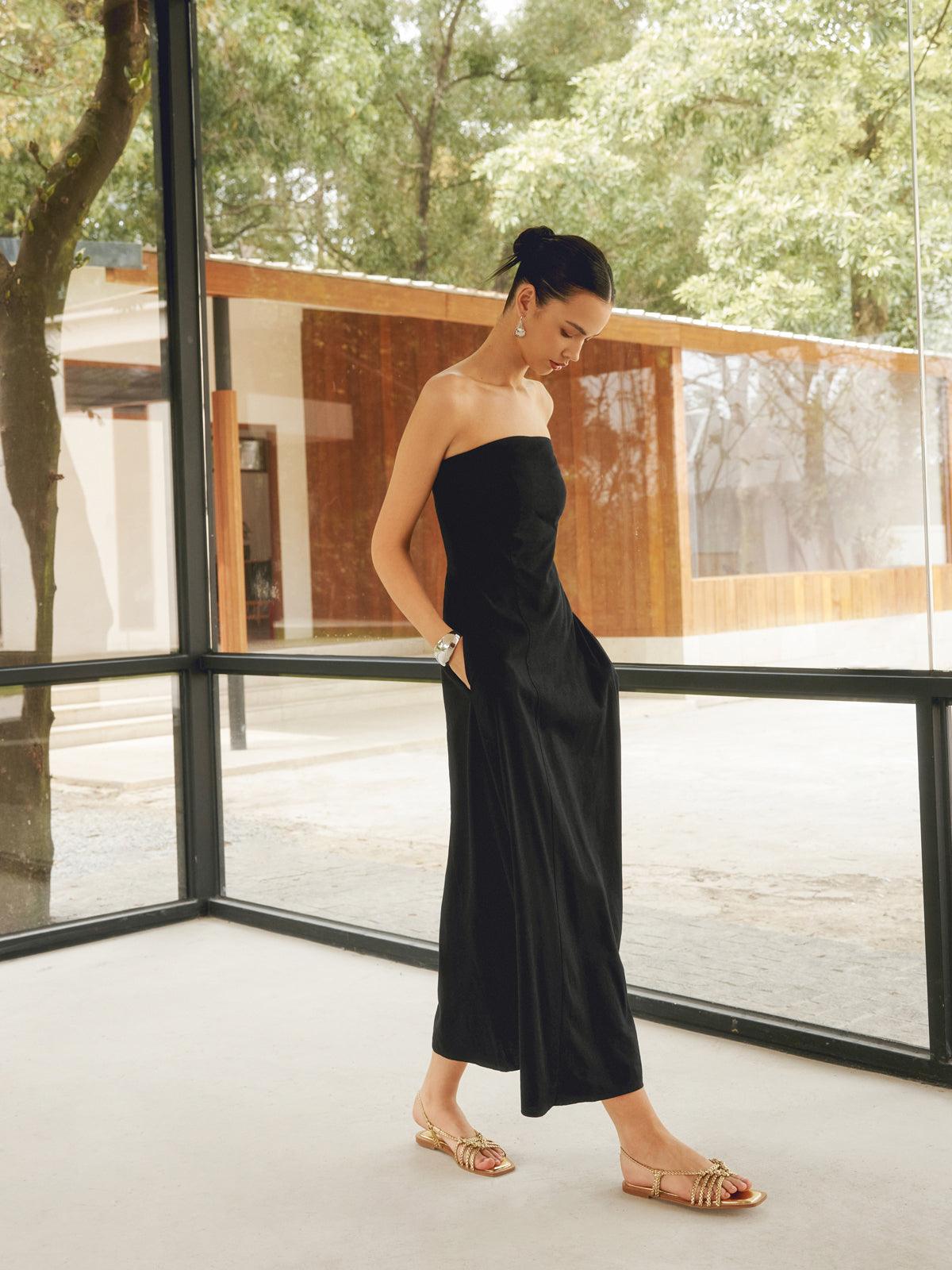 Elegant Linen Blends Long Tube Dress with Pockets - Perfect for Casual and Chic Looks