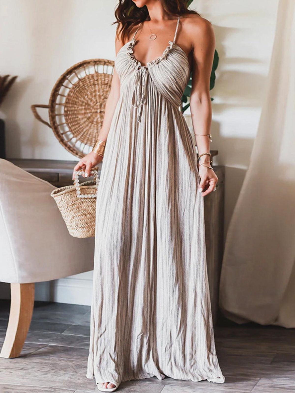 Elegant backless long dress with a U-neckline and crisscross straps