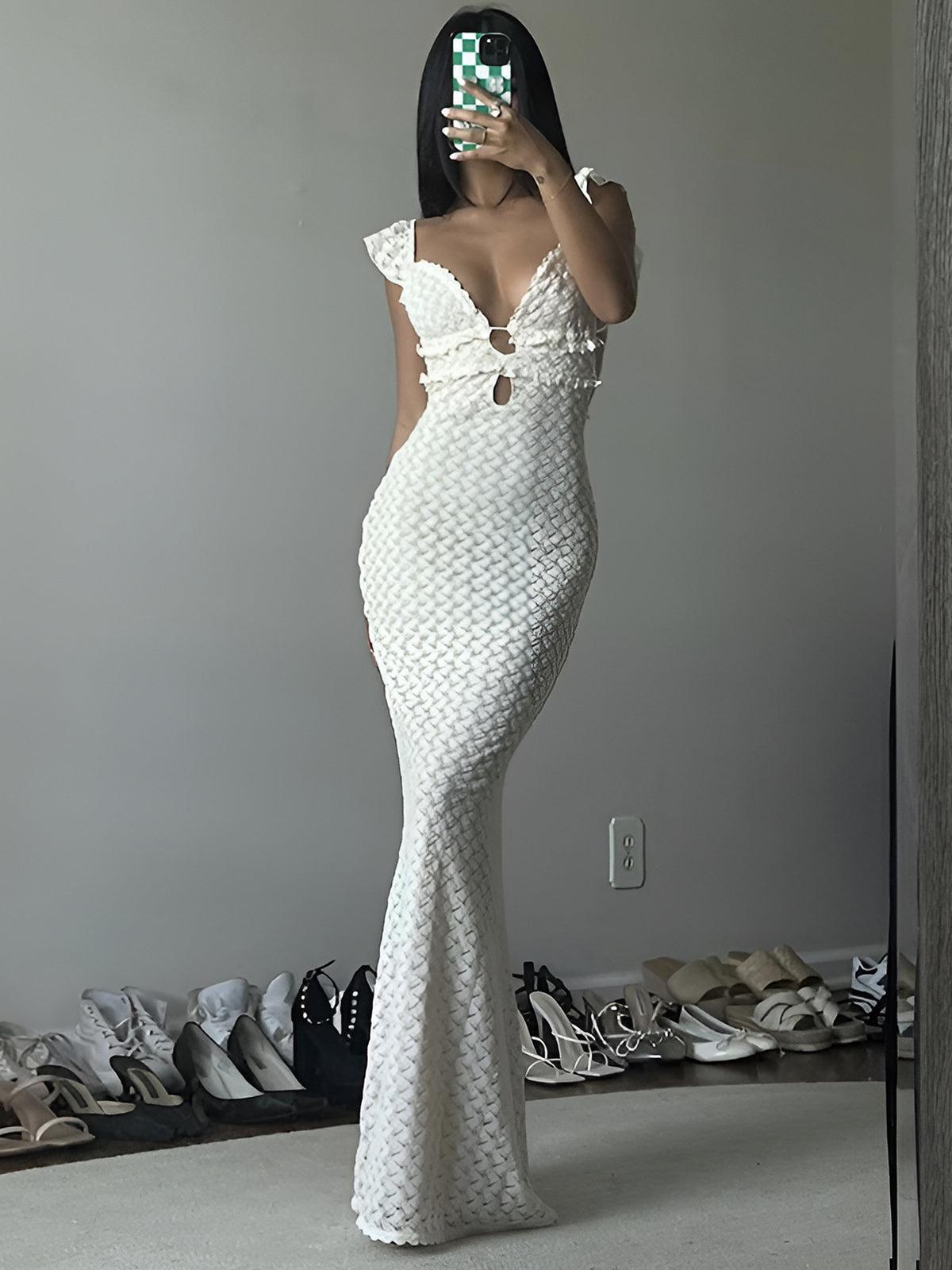 Elegant Pearl-Accented Keyhole Neckline Cami Maxi Dress