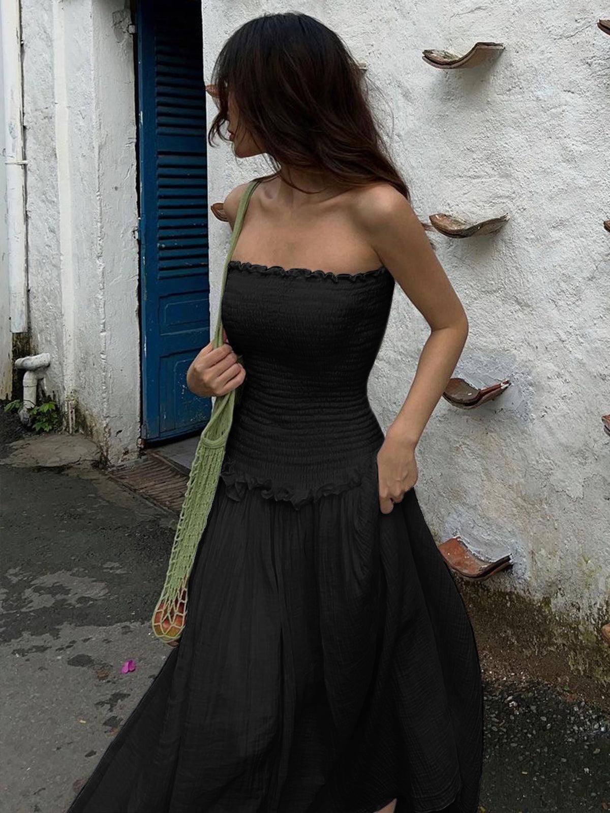 Elegant Cotton Blend with Gathering, Long Tube Dress