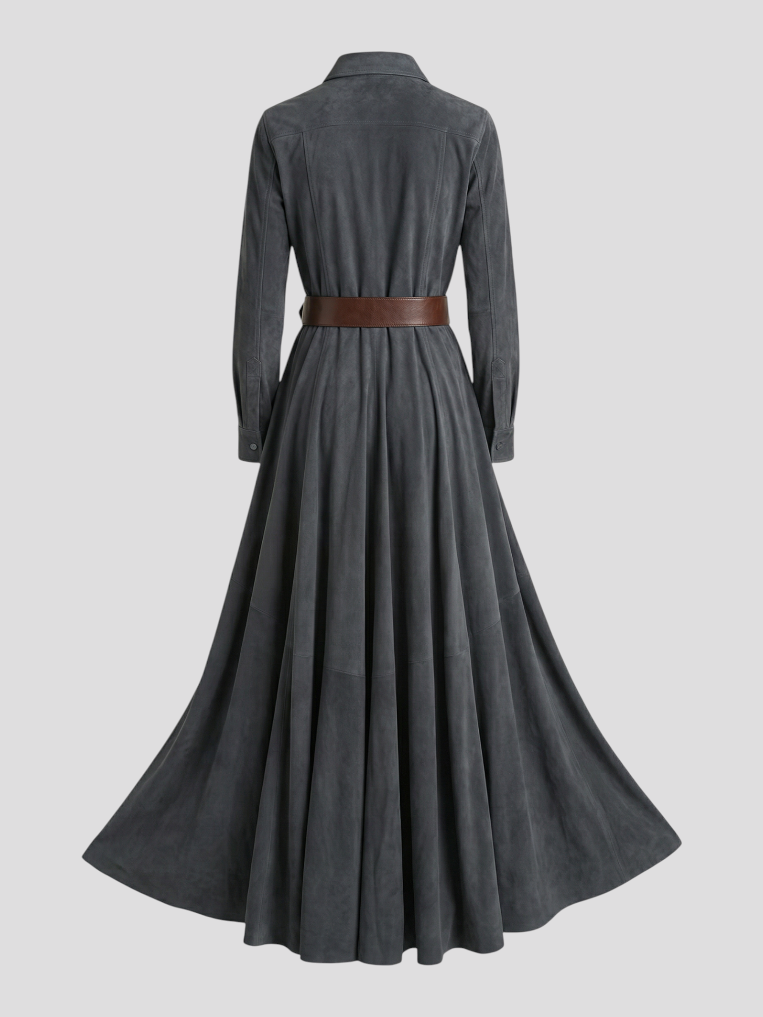 Elegant long suede-like dress with collar, tie waist, and single-button closure