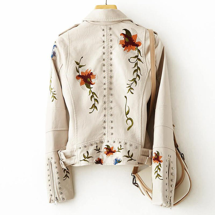 Elegant Retro Leather Jacket with Magnolia Flower Design