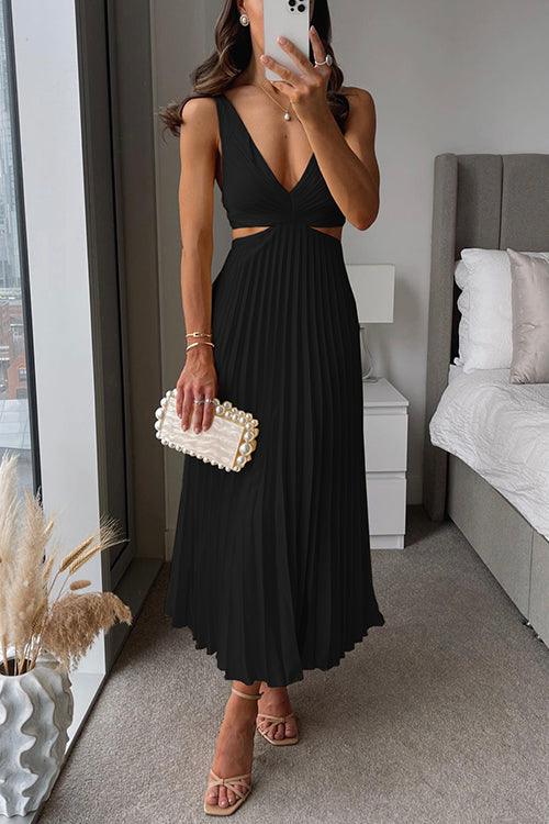 Maxi dress with V-neckline, cut-out waist, and sleeveless pleated design