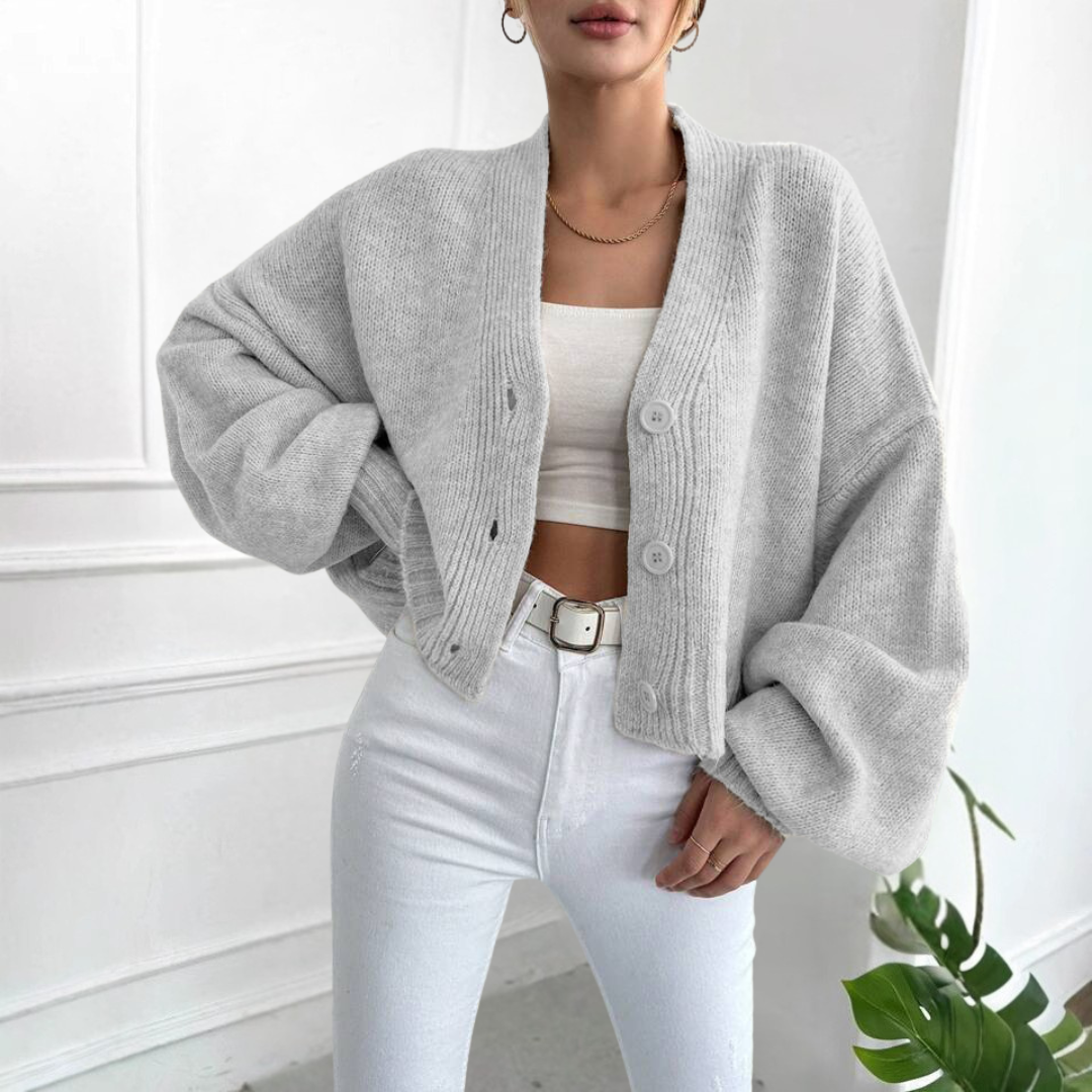 Casual Cropped Lantern-Sleeve Cardigan