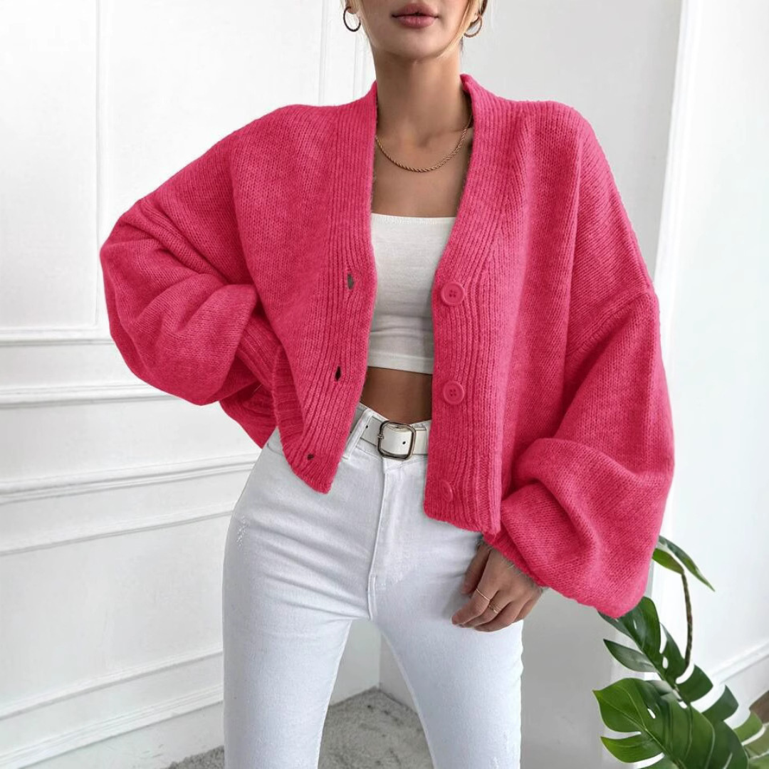 Casual Cropped Lantern-Sleeve Cardigan