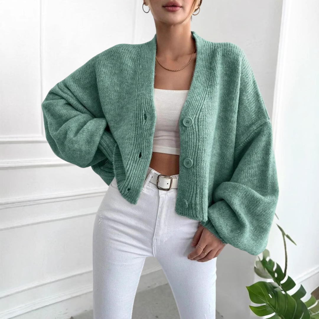 Casual Cropped Lantern-Sleeve Cardigan