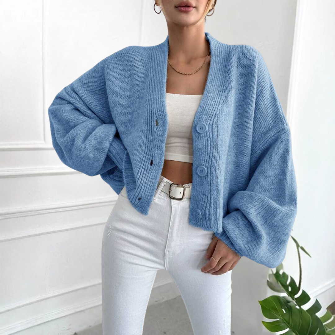 Casual Cropped Lantern-Sleeve Cardigan
