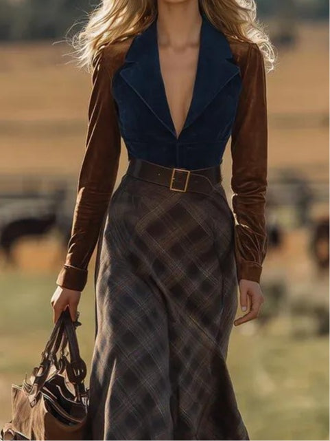 Chic Western Maxi Dress with Plaid Pattern and Belt (Belt Included)