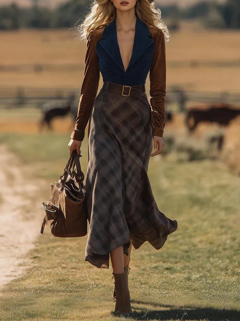 Chic Western Maxi Dress with Plaid Pattern and Belt (Belt Included)