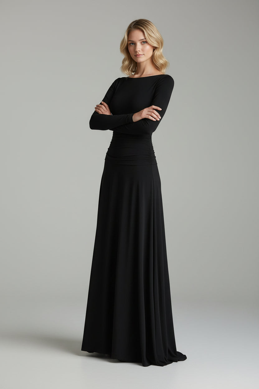 Elegant Black Crepe Pleated Boat Neck Maxi Dress for a Modern Look