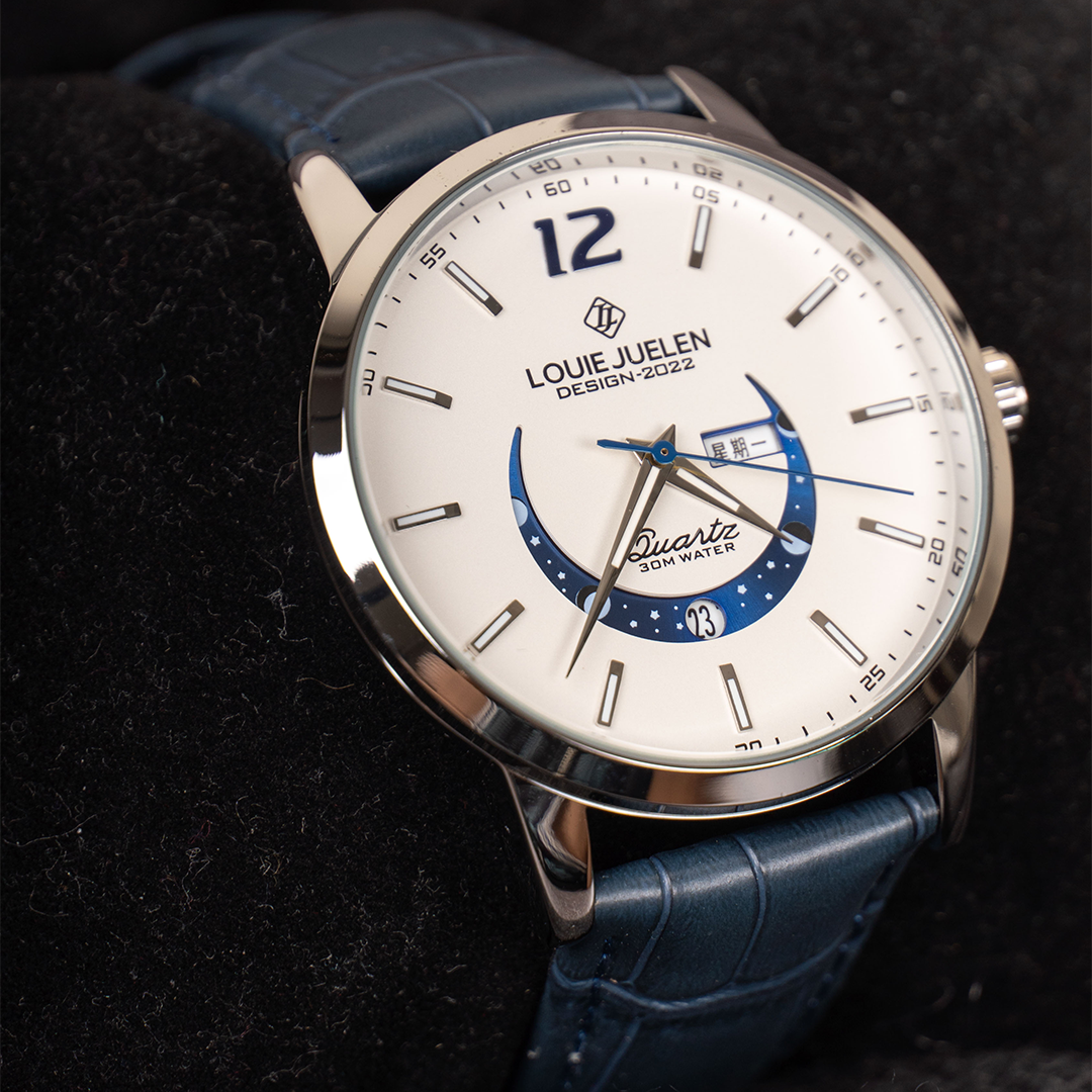 Elegant watch with luminous moon phase