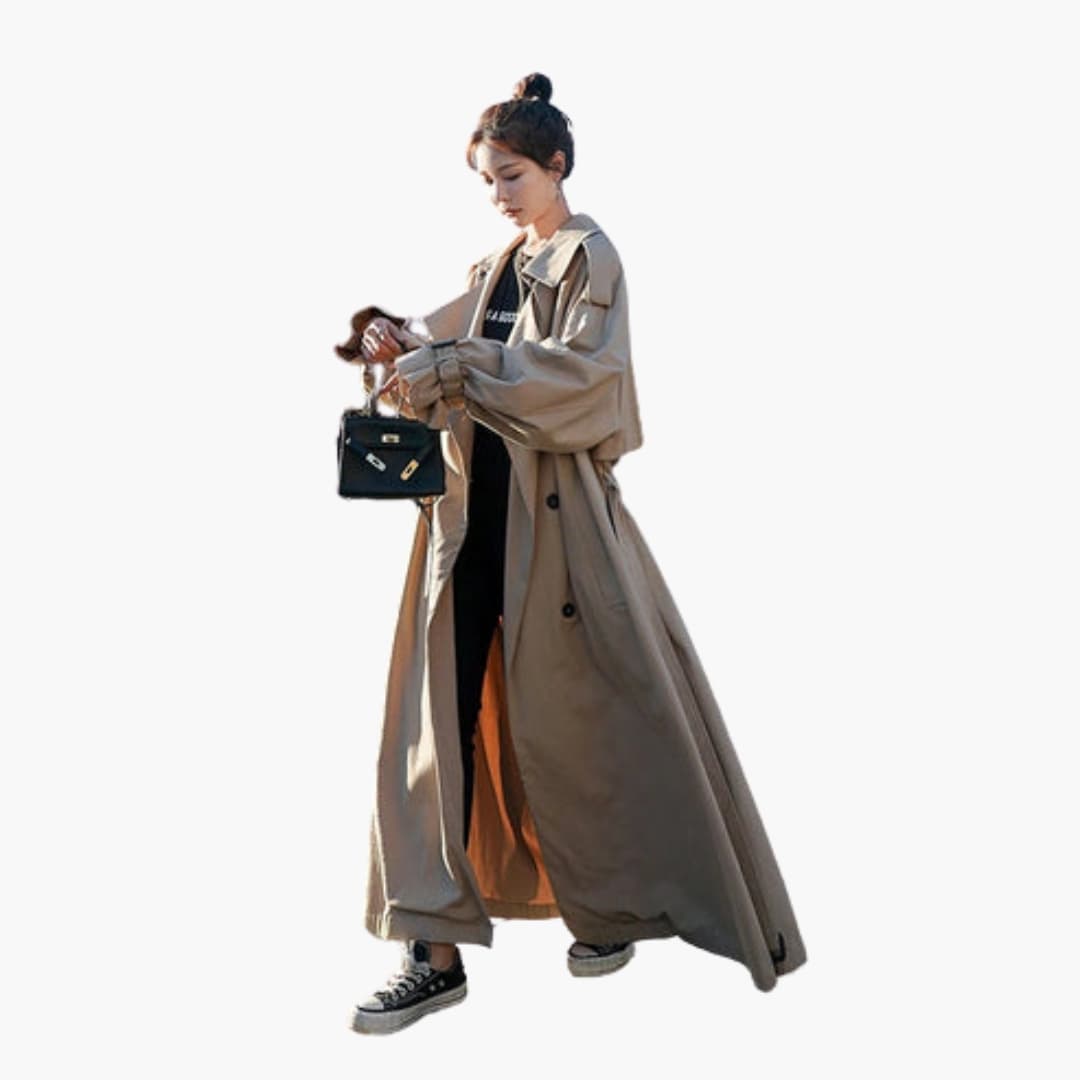 Elegant women's trench coat with a double-breasted button placket